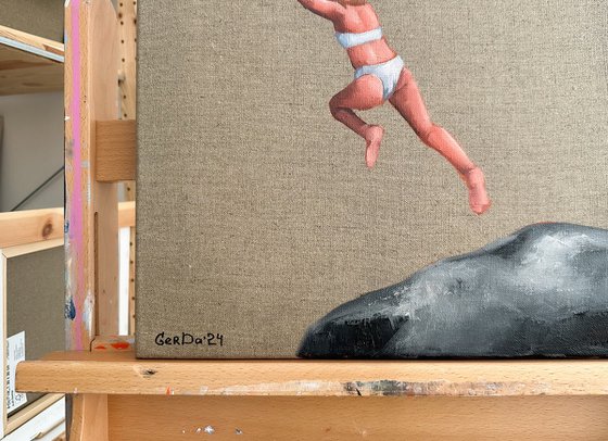 Leaping into Water - Swimmer Woman Dive Beach Painting