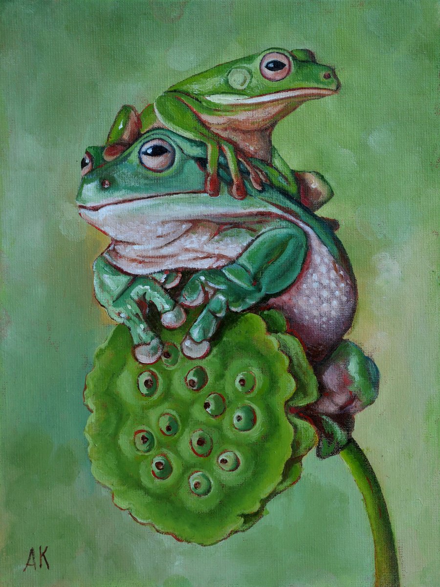 Photorealistic Animal Oil Painting By Alfia Koral, 7 X 9, Go Green! Frogs Art, Original Artwork