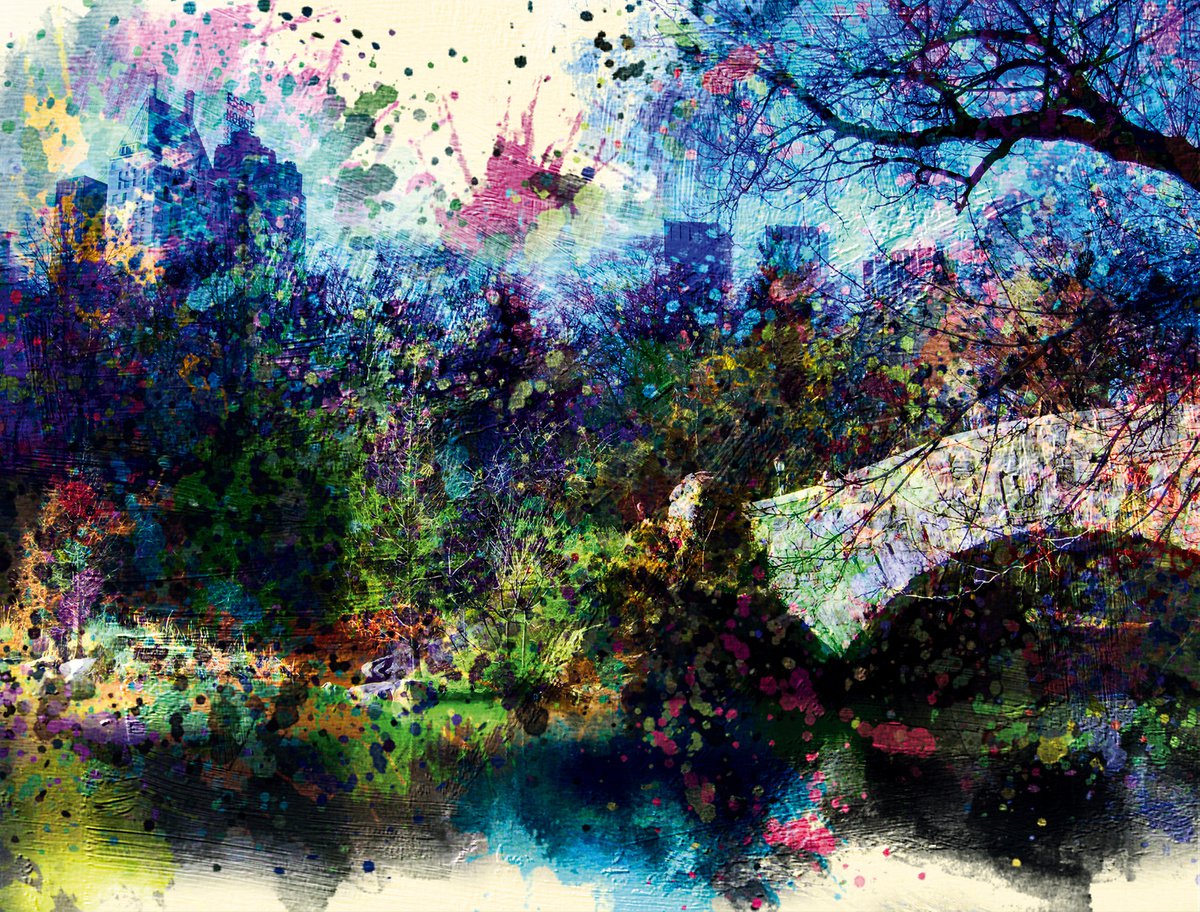 Abstract Cityscapes Print By Javier Diaz, 79 X 60, Gotas De Color, Central Park 2/Original Artwork, Original Artwork