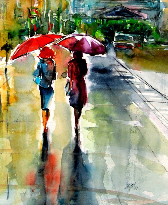 Rainy day with umbrellas