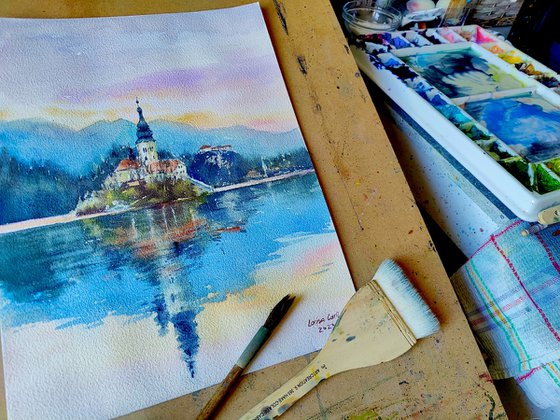 Bled lake Slovenia wall art watercolor original painting, Winter mountain lake, Decor for living room, Travel souvenir gift, Lakes church