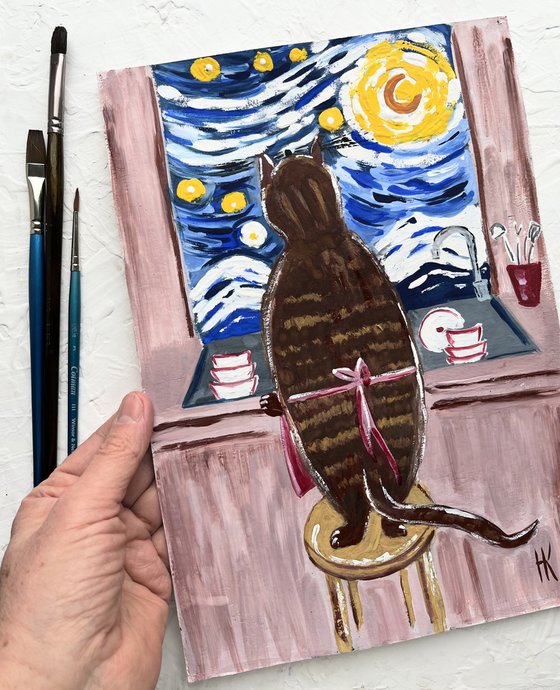 Cat original painting  " Watching the starry night"