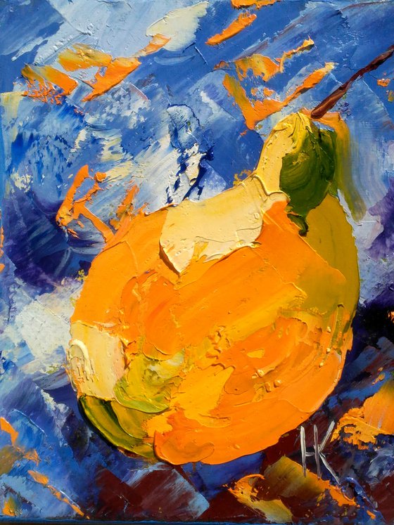 Pear Painting Fruit Original Art Small Still Life Oil Impasto Pallete Knife Canvas Artwork Ready to Hang Home Wall Art 7 by 8" by Halyna Kirichenko