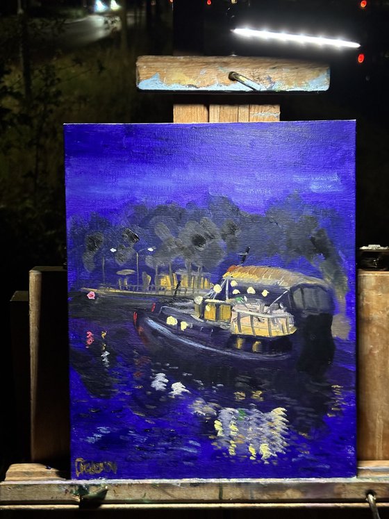 Nighttime Dutch canal boat