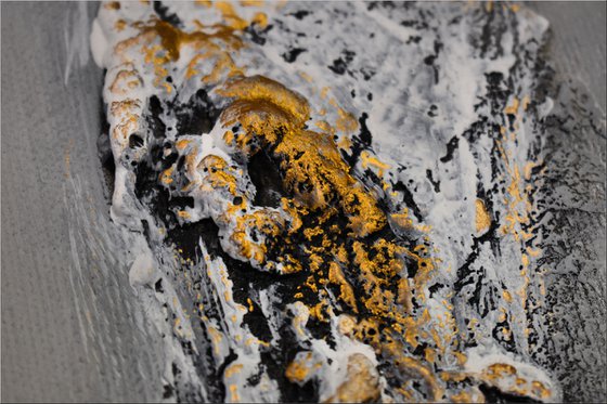 Relationships - abstract acrylic painting, canvas wall art, black, white, gold, framed modern art