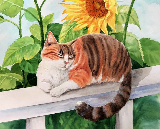 Calico Cat - tricolor cat - money cat - Maneki-neko - sunflower - lucky cat - watercolor cat - Mother's Day gift