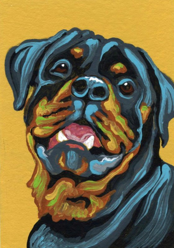 ACEO ATC Original Miniature Painting Colorful Rottweiler Pet Dog Art-Carla Smale