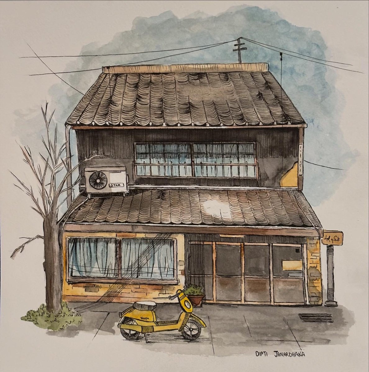 Illustrative Cityscapes Watercolour By Dipti Janardhana, 8 X 8, Brown House, Original Artwork