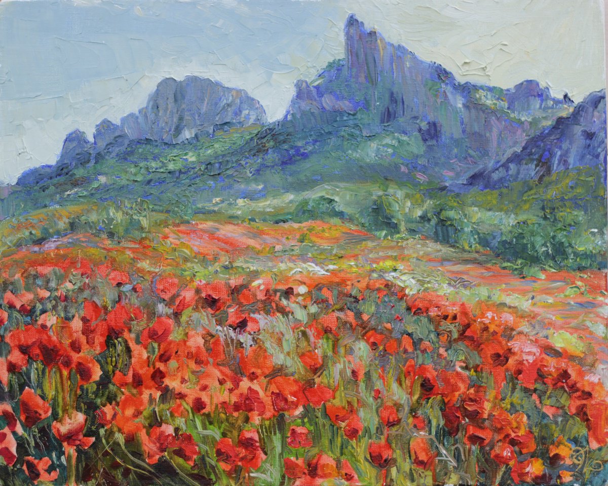 Impressionistic Landscape Oil Painting By Elina Vetrova, 20 X 16, Vivid Bloom Of Poppies, Original Artwork