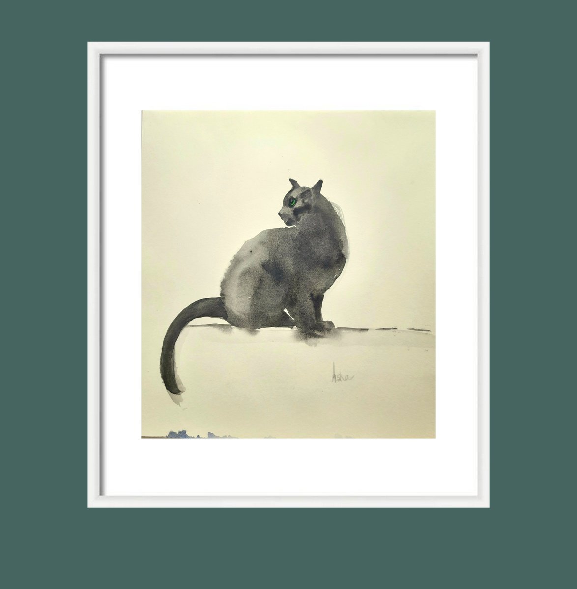 Impressionistic Animal Drawing By Asha Shenoy, 10 X 11, The Black Cat On The Wall, Original Artwork