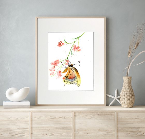 Butterfly and plant -  Set of 2 mounted original watercolor paintings