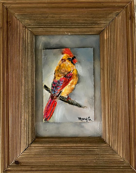 Female Cardinal 3D oil painting on a gessoed masonite mounted on gessoed panelboard 5x7
