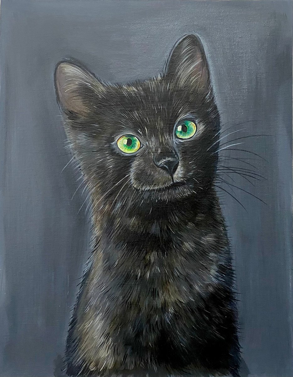 Midnight. Black cat on dark background painting by Bethany Taylor