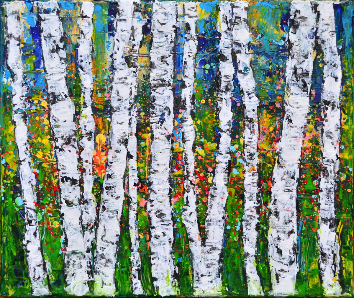 Impressionistic Landscape Acrylic Painting By Misty Lady - M. Nierobisz, 12 X 10", Aspen Trees 01, Original Artwork