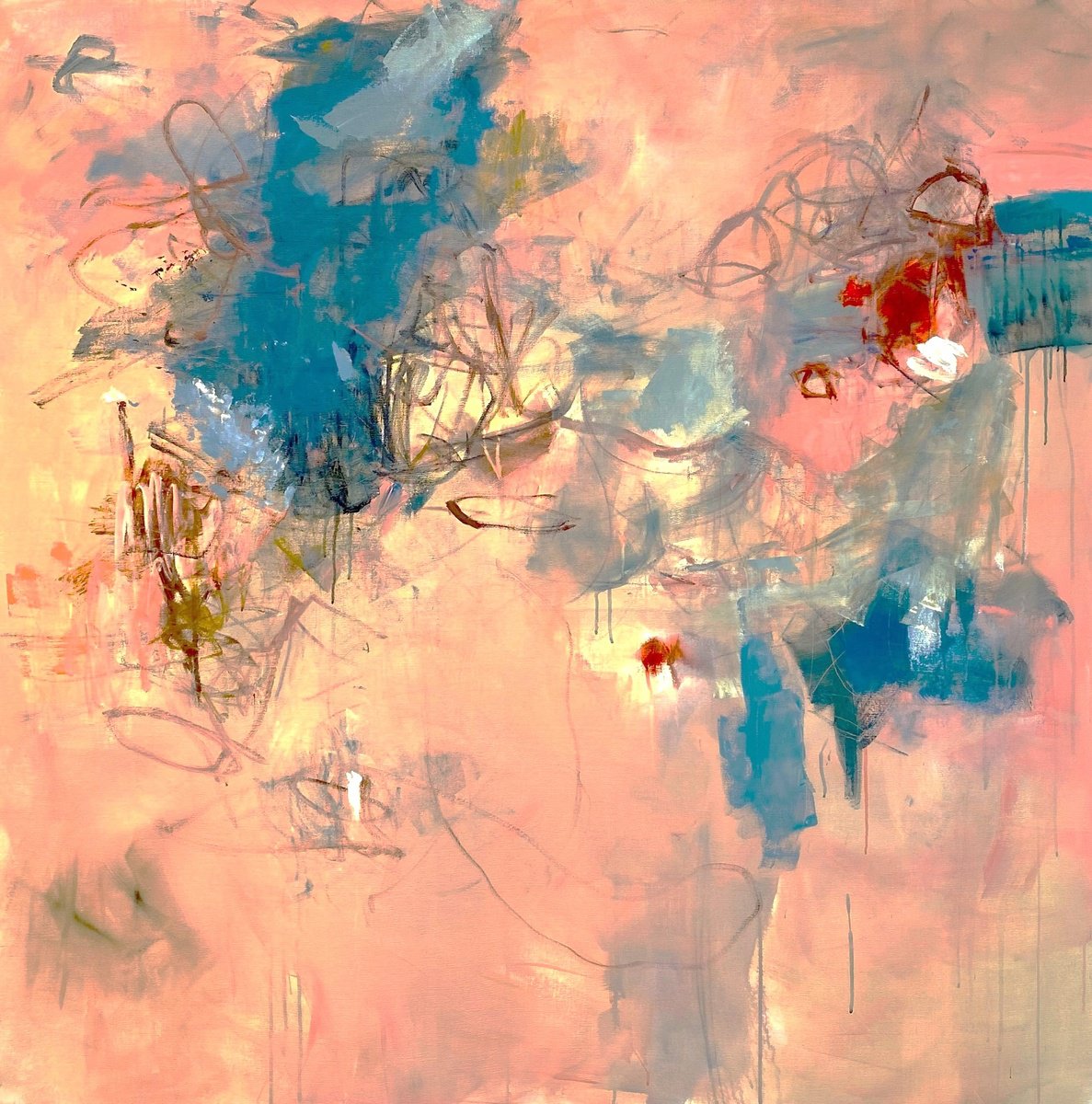 Organic Abstract Acrylic Painting By Kat Crosby, 54 X 54", Pink Sand At Sunset, Original Artwork