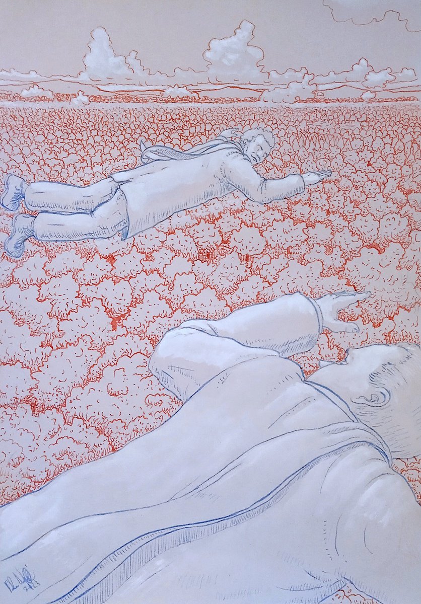 Illustrative Landscape Ink Drawing By Paolo Beneforti, 8 X 12", Flying Over The Endless Woods, Original Artwork