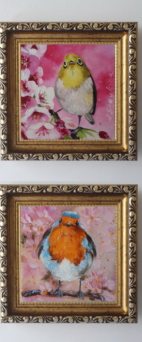 Bird on Blossom Branch, Spring Birds by Natalia Shaykina