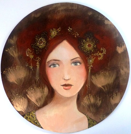 Gold nostalgia.  wood round artwork 30cm.