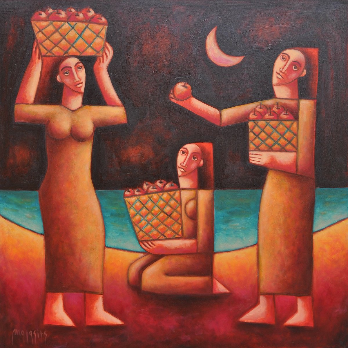Surrealistic Portrait Oil Painting By Malasits Zsolt, 39 X 39", Harvest, Original Artwork