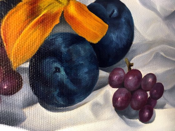 STILL LIFE WITH PLUMS, LILY AND GRAPES