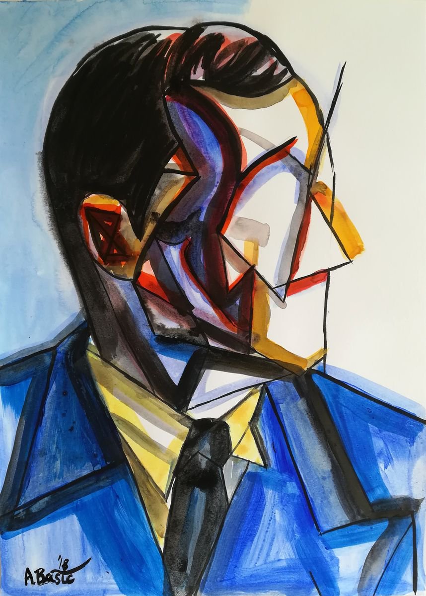 Geometric Portrait Painting By Aleksandar Basic, 12 X 17, Joan Miro, Original Artwork