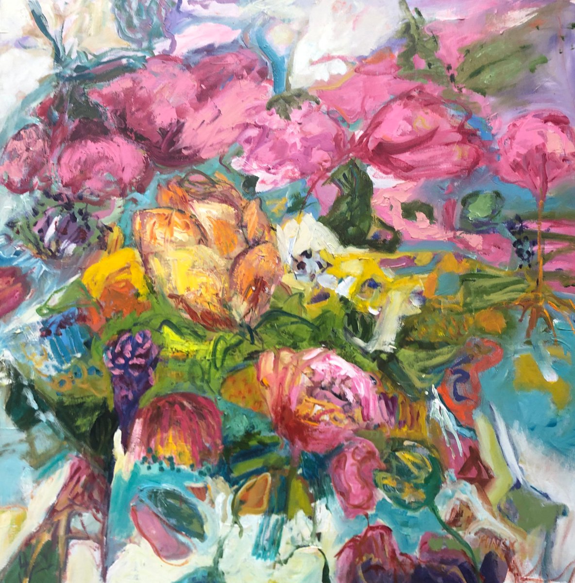 Expressive Botanical Oil Painting By Maureen Finck, 36 X 36", Flowers Of Love, Original Artwork