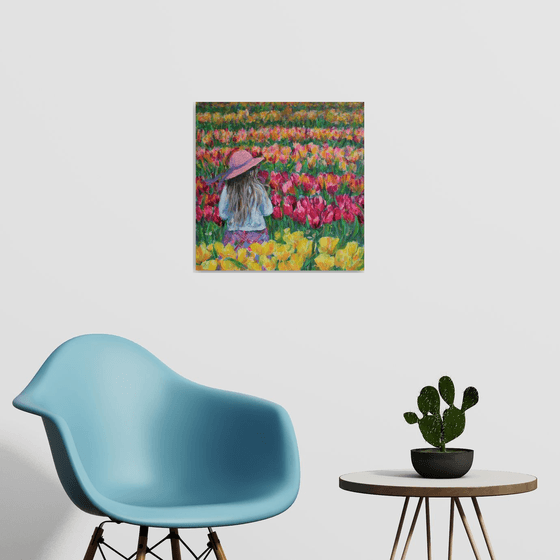 Among Tulips. Tulip field 19.7x19.7 inch /  ORIGINAL PAINTING