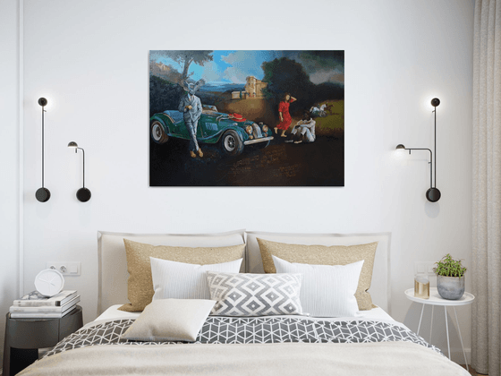 A fascinating modern dream with the green car in a Renaissance landscape