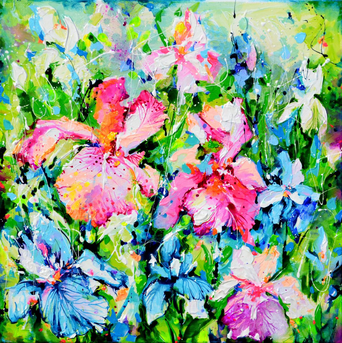 Impressionistic Botanical Acrylic Painting By Soos Roxana Gabriela, 20 X 20", Iris Flower Field, Original Artwork