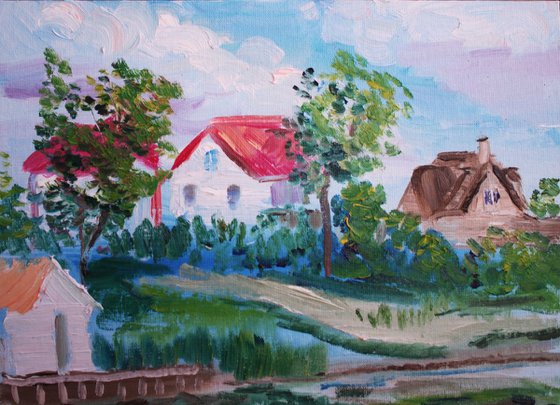 Pond in the village Plein air painting