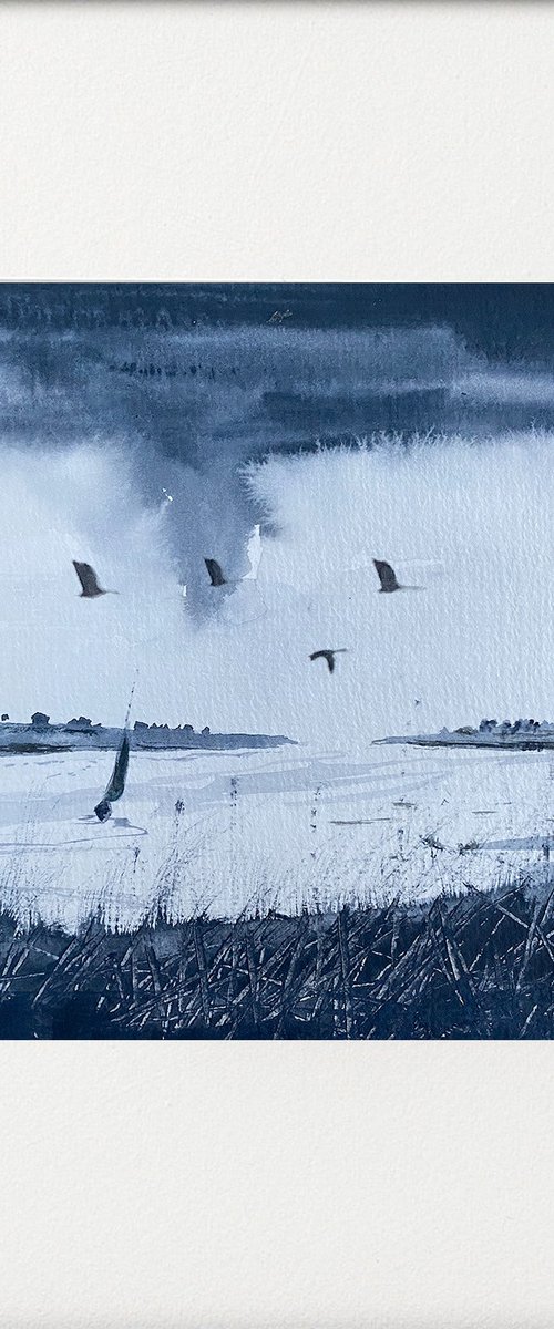 Monochrome - Geese over Estuary, boat by Teresa Tanner
