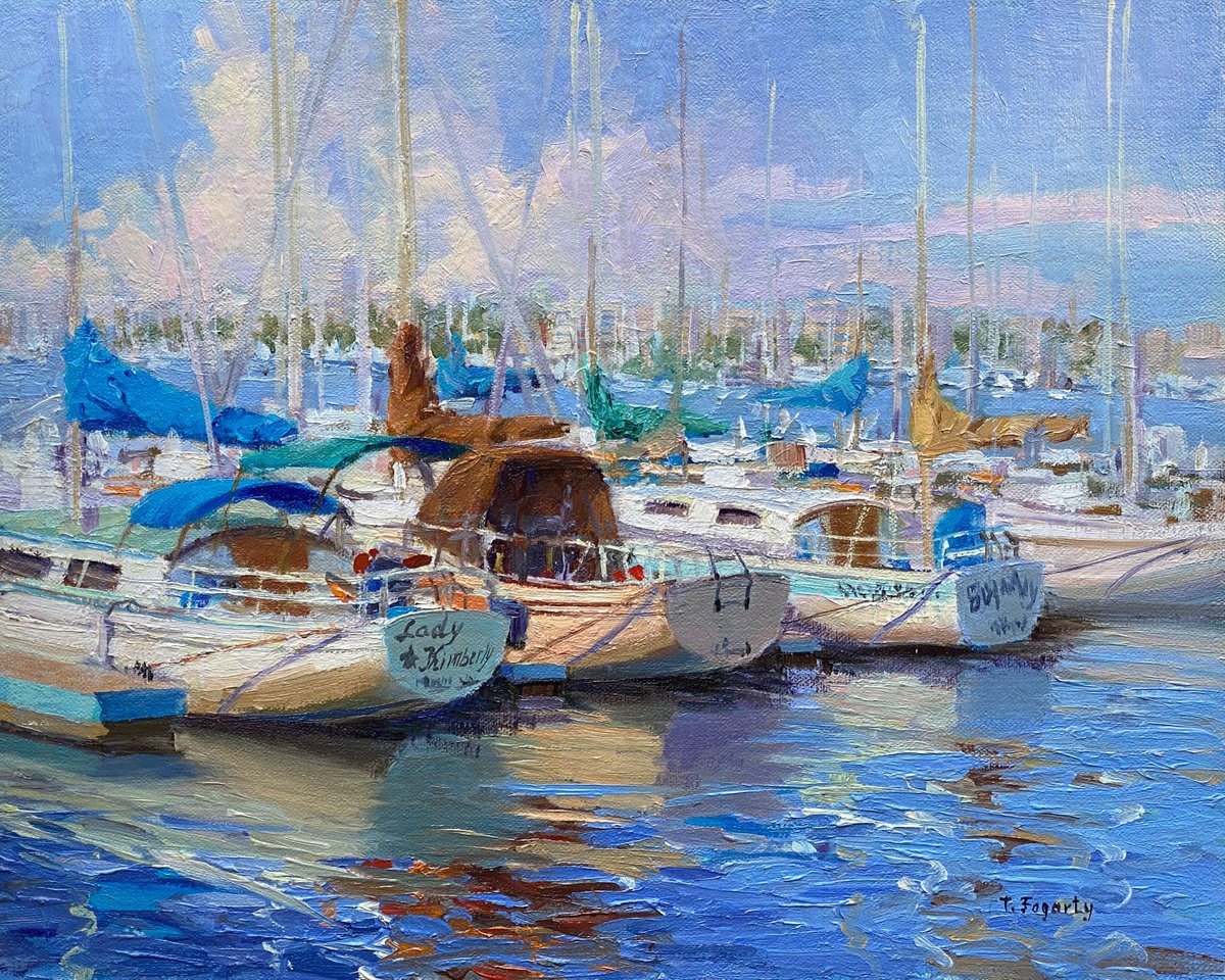 Impressionistic Landscape Oil Painting By Tatyana Fogarty, 14 X 11", Harbour Boats, Original Artwork