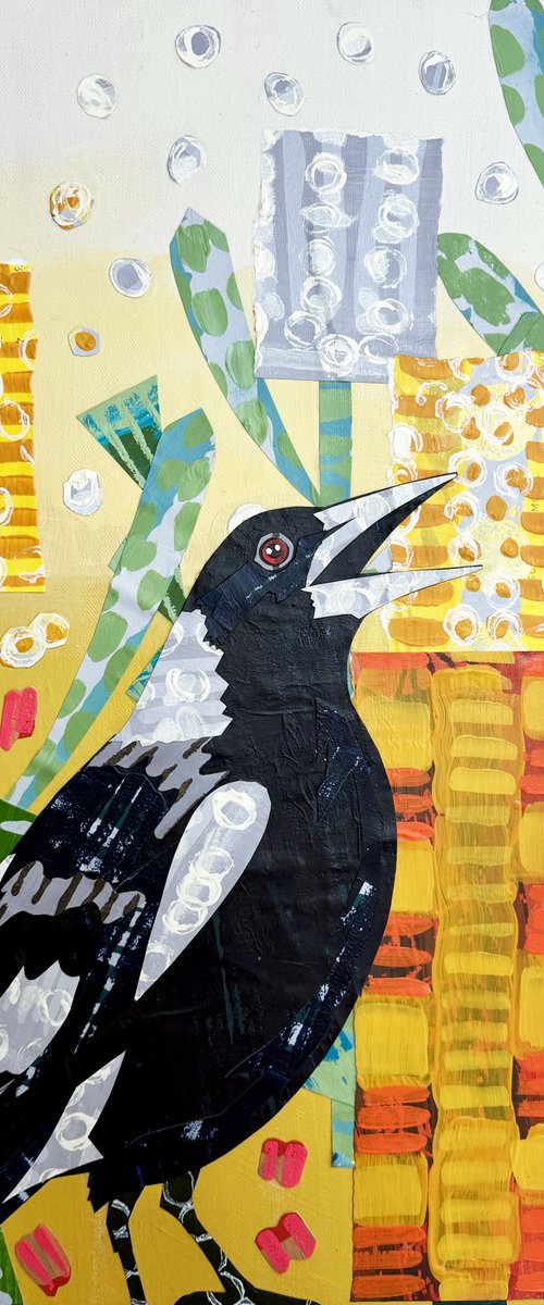 Magpie and Banksias Bird Collage Painting by JULIE LYNCH