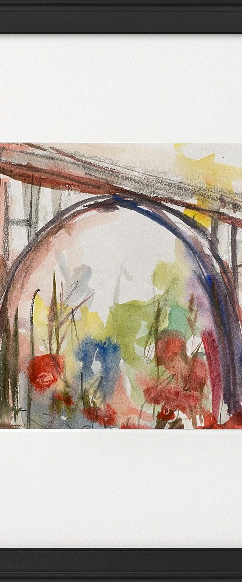 Abstract bridge with flowers Landscape 1 Framed by Teresa Tanner