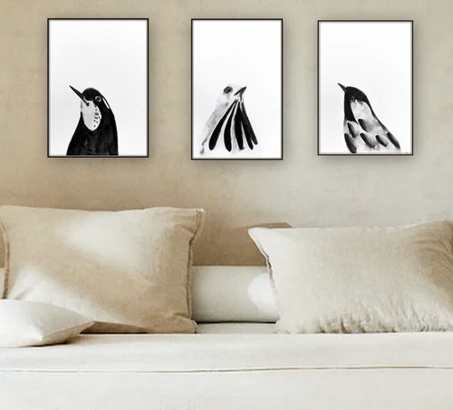 Set of 3 Bird paintings. by Nadia Moniatis