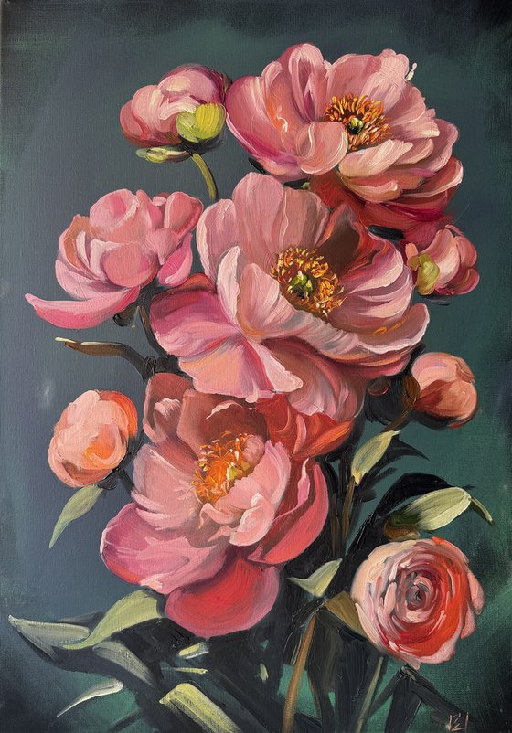 Dramatic Pink Peonies on Dark Teal
