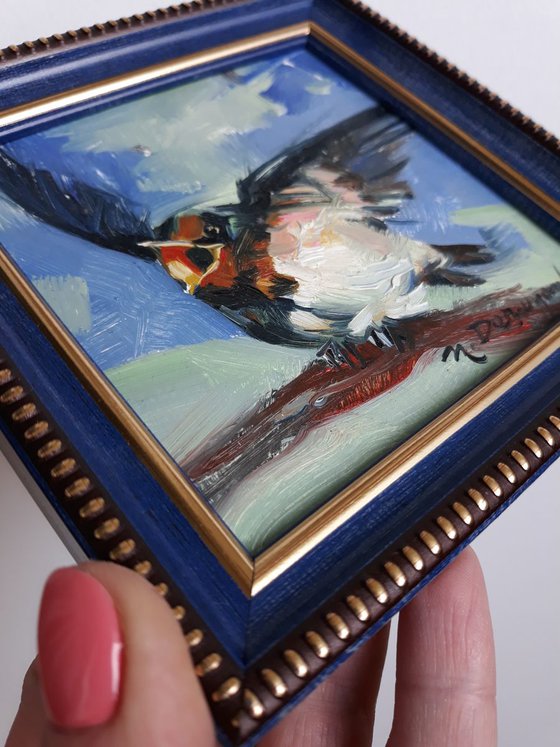 Swallow bird yellow blind original miniature painting in frame