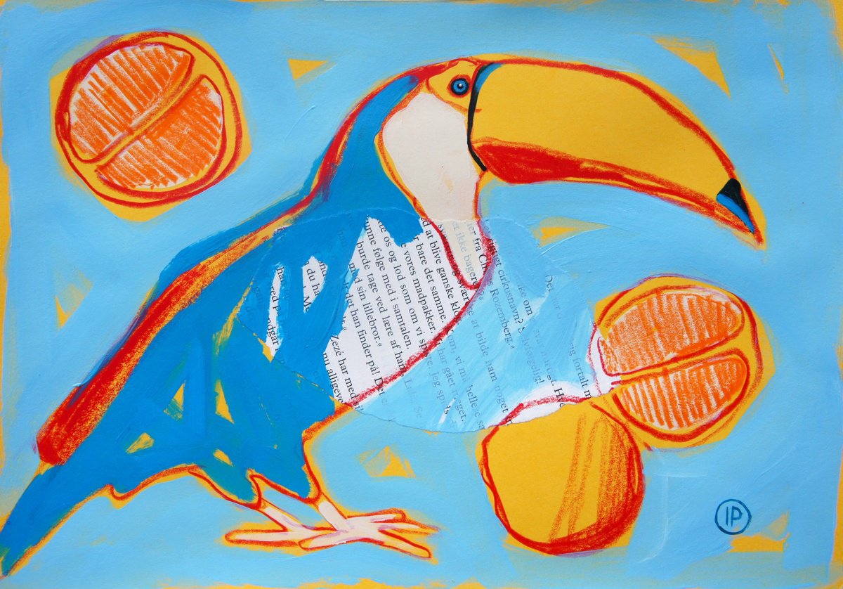 Impressionistic Animal Painting By Irina Plaksina, 12 X 8, Toucan And Oranges, Original Artwork