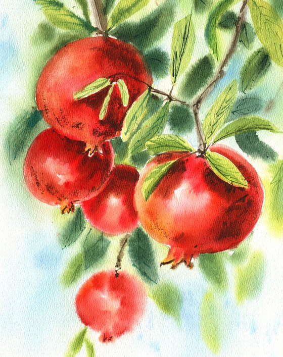 Pomegranate original watercolor painting, red fruits green leaves decor for dinner room, bedroom decor, gift for her