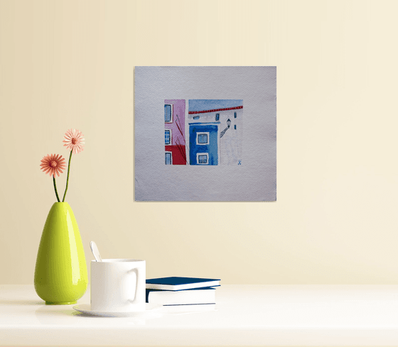 Lisbon small watercolor painting, colorful houses original painting, Portugal cityscape wall art