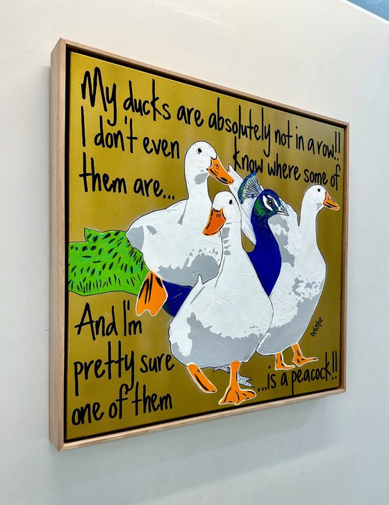 Ducks in a Row Gold Peacock Framed