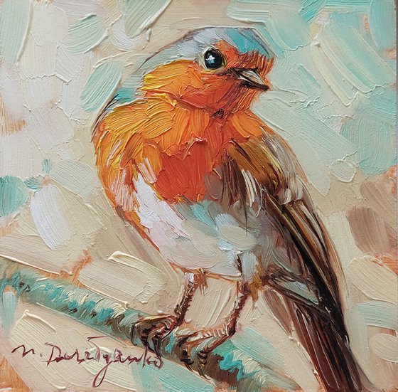 Robin bird oil painting original birding artwork, Miniature framed art