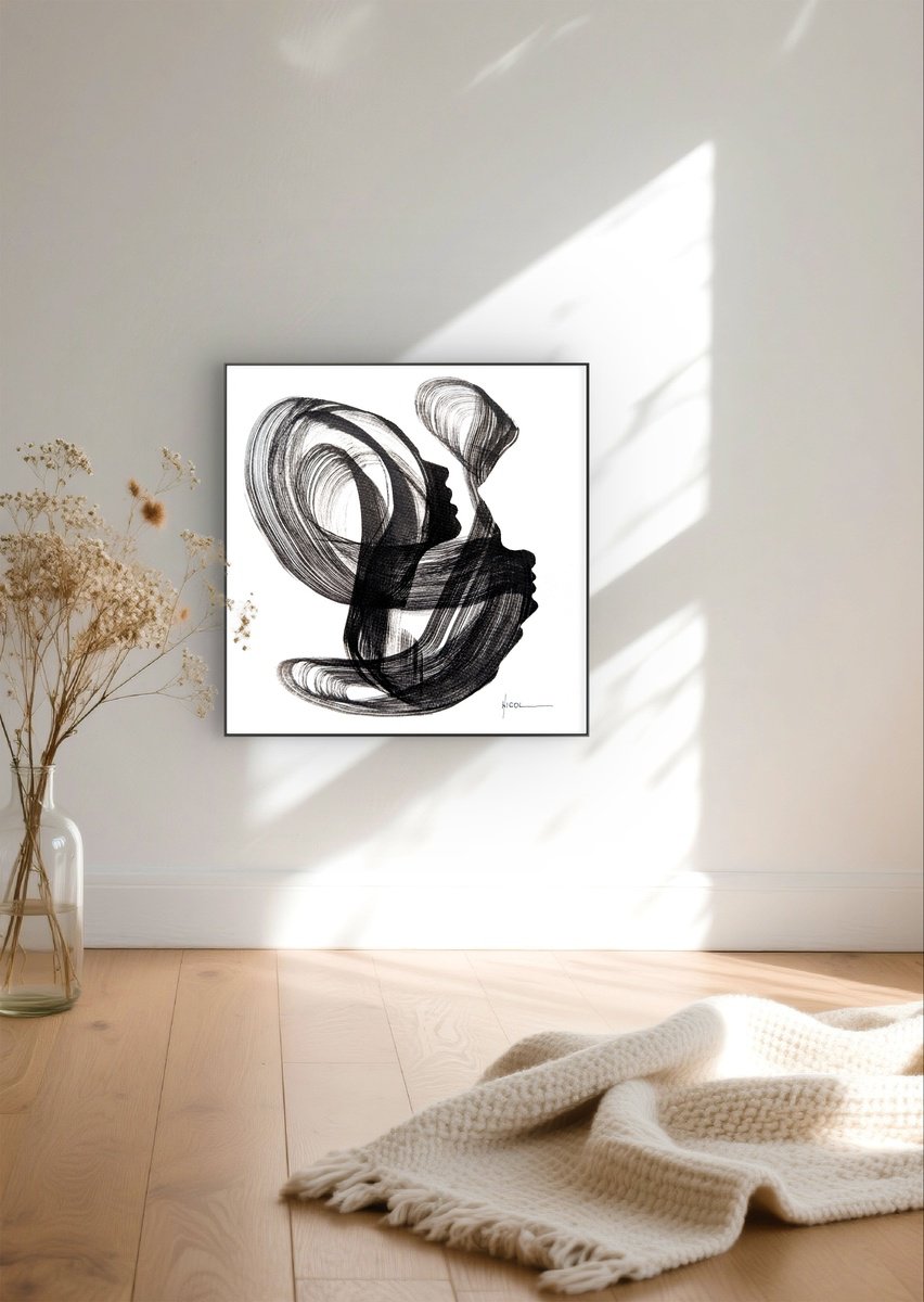 Abstract Portrait Ink Drawing By Nicol Vacaru, 11 X 11", Whispers Between Worlds, Original Artwork