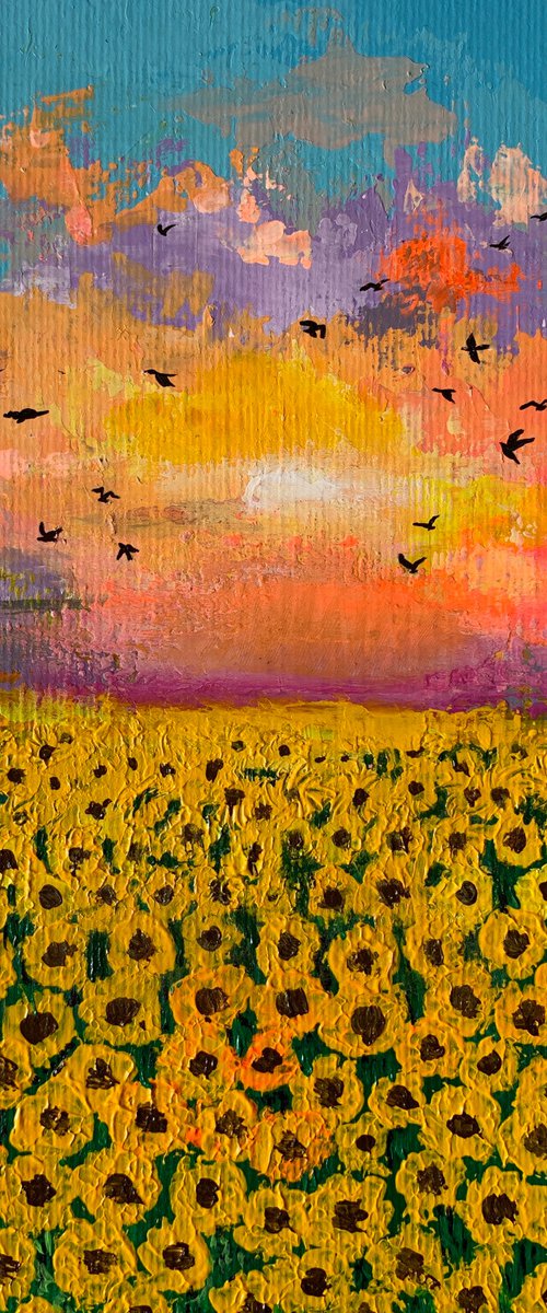 Sunset at sunflower fields  ! Abstract impressionism art! Painting on paper by Amita Dand