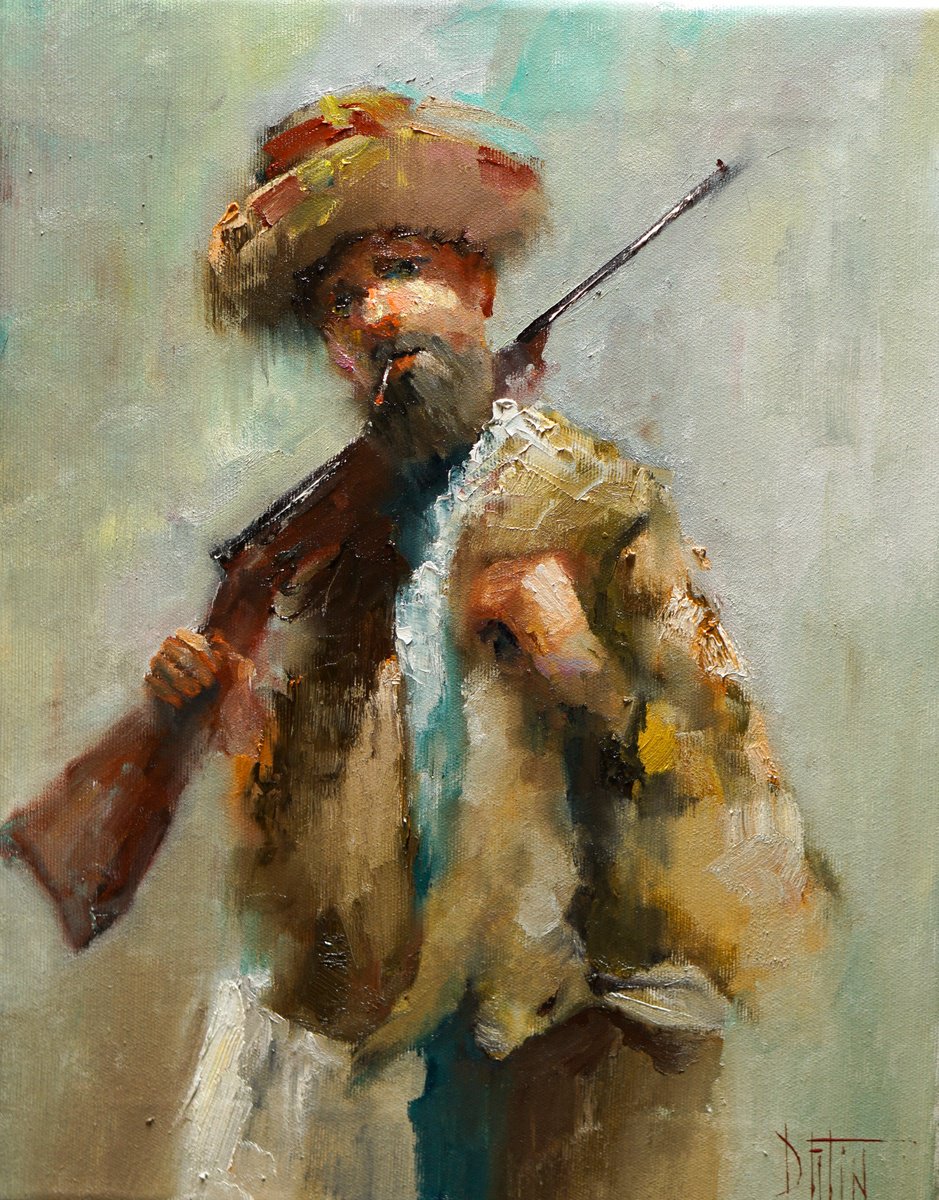 Impressionistic Portrait Oil Painting By Pavel Filin, 14 X 18", Hunter, Original Artwork