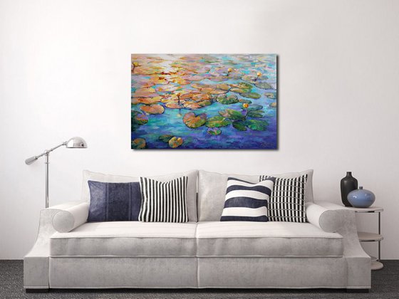 Painting - Water lilies at sunset - lily pond, original oil