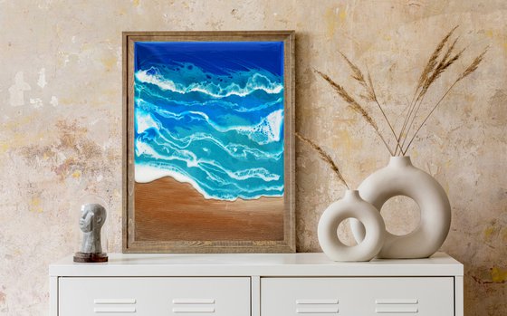 On the beach - original seascape artwork, epoxy resin on canvas