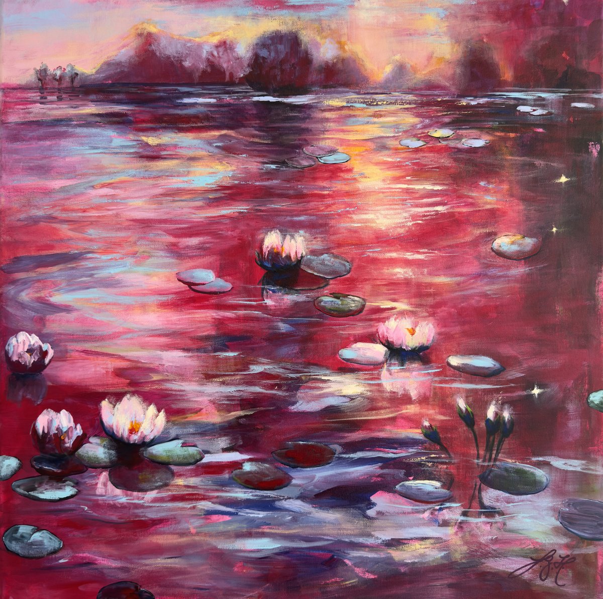 Impressionistic Botanical Acrylic Painting By Sandra Gebhardt-Hoepfner, 24 X 24", Red Sunset At The Pond, Original Artwork