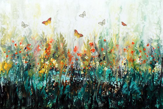 Garden extra large modern painting with flowers and butterflies