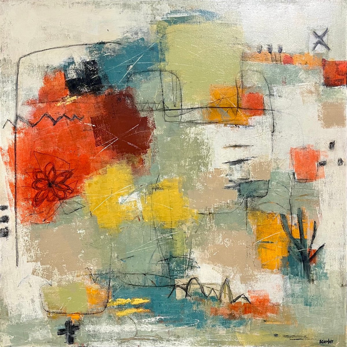 Abstract Acrylic Painting By Shellie Garber, 36 X 36", Desert Bloom, Original Artwork